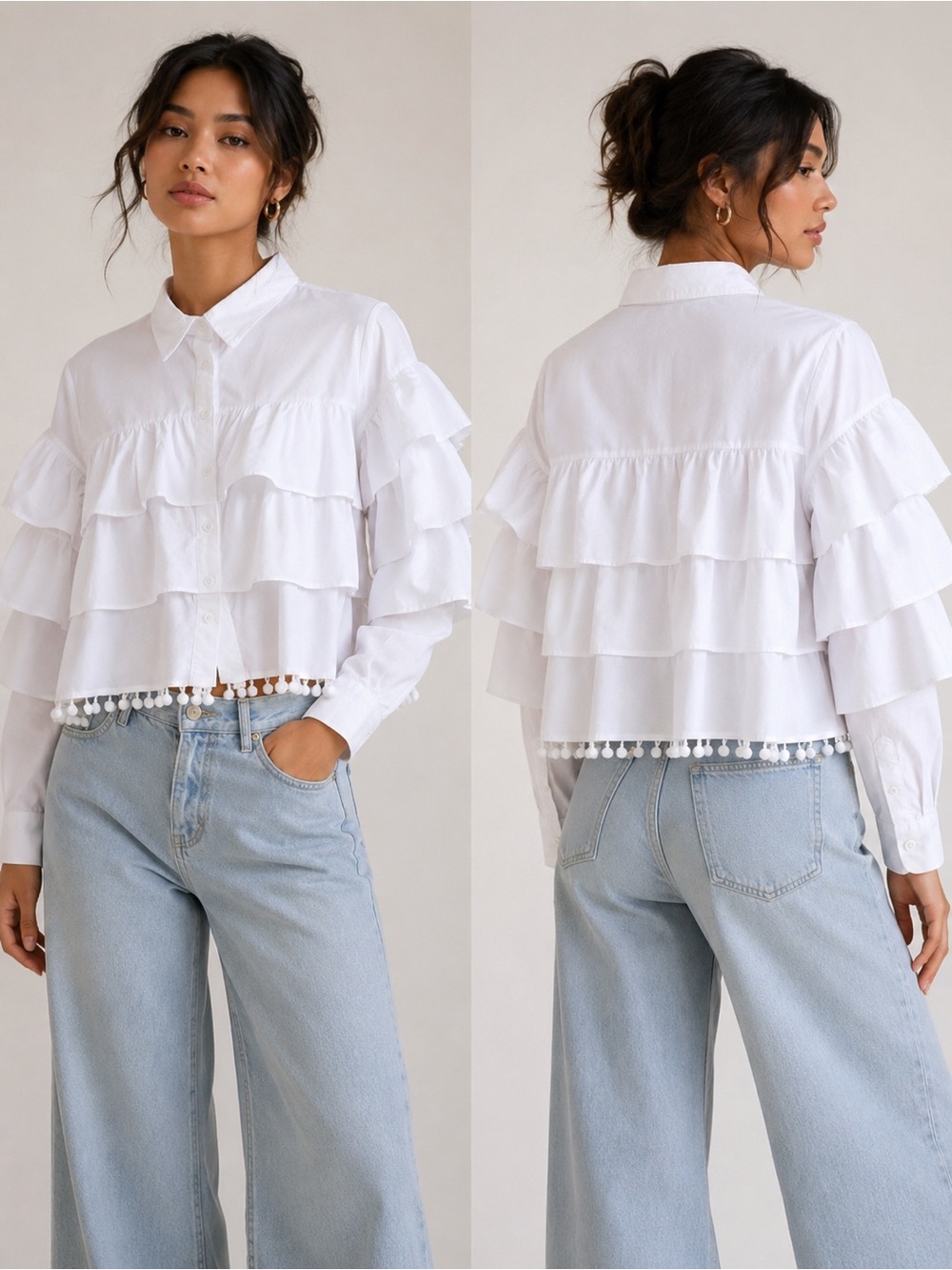 White Button Down Tiered Ruffle Collared Poplin Top by Haute Rouge Size L